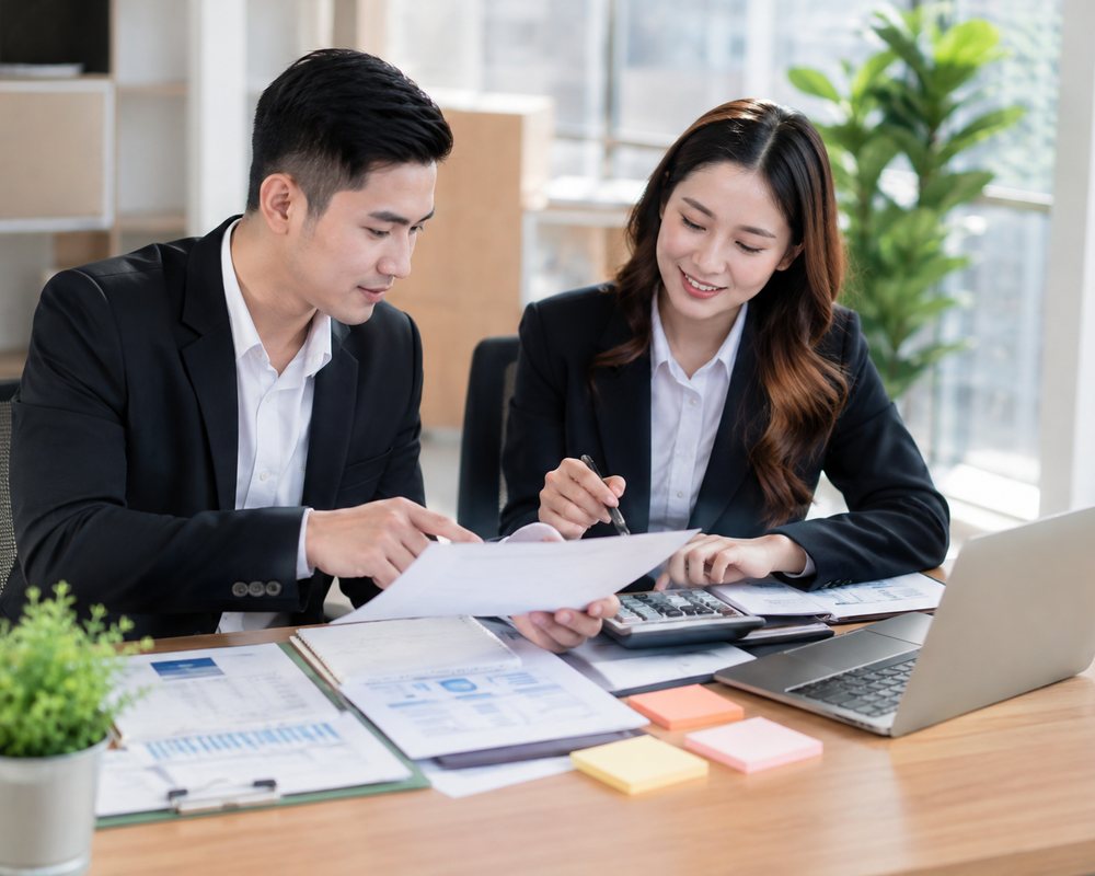 An accountant reviewing financial reports on a laptop
